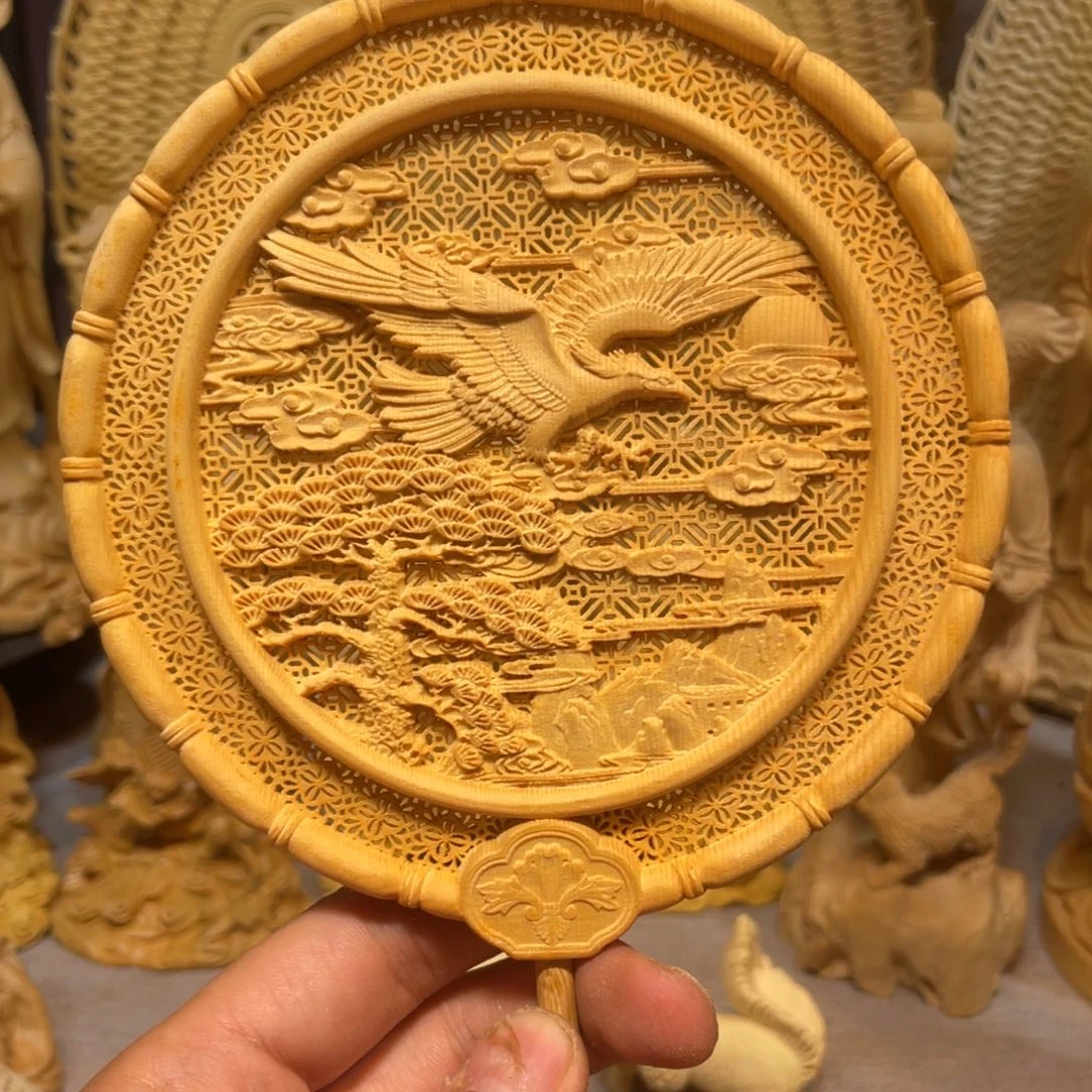 黄杨木大展鸿图扇子