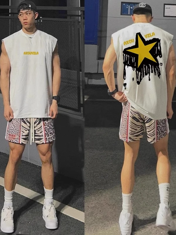 美式高街潮牌星星个性印花休闲宽松背心男款夏季纯棉重磅无袖上衣