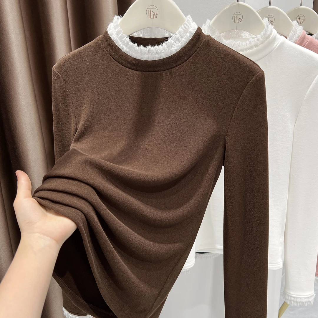 咖色蕾丝花边半高领长袖T恤上衣女秋冬季新款内搭澳绒保暖打底衫