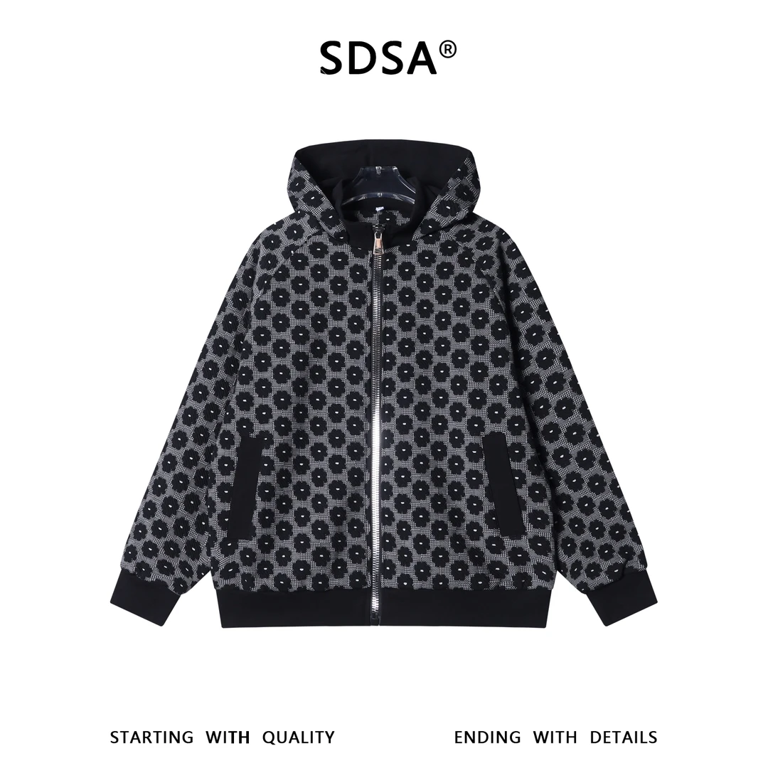 SDSA男士秋冬新款痞帅男装潮牌撞色满印花朵拉链立领连帽卫衣百搭
