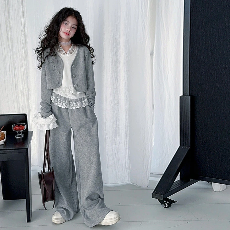 女童女孩春装套装新款韩版时髦蕾丝内搭运动针织开衫阔腿裤套装