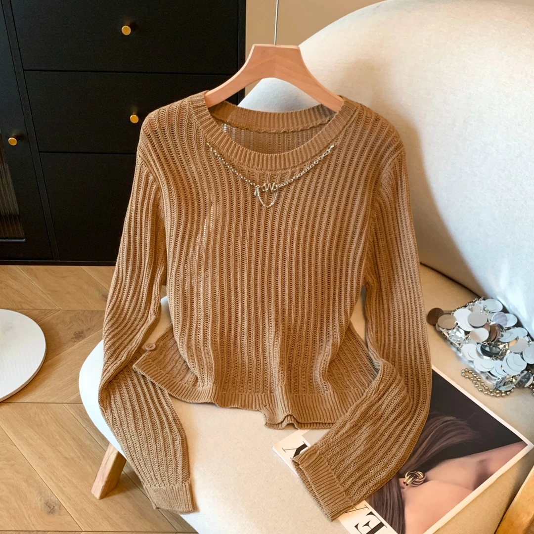 新款韩系复古显瘦上衣圆领钩花镂空薄款针织衫女休闲长袖t恤潮