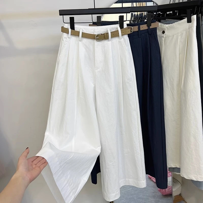 欧货白色直筒阔腿裤女2025春季新款高腰宽松显瘦垂感休闲九分长裤