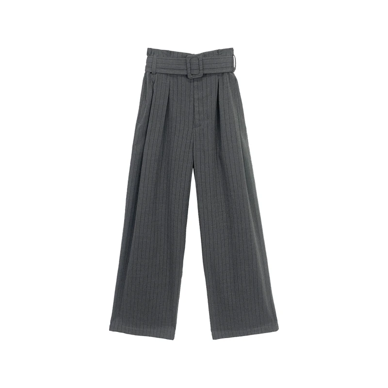 显瘦直筒休闲裤百搭阔腿裤条纹宽松高弹开叉裤高腰-MC0122