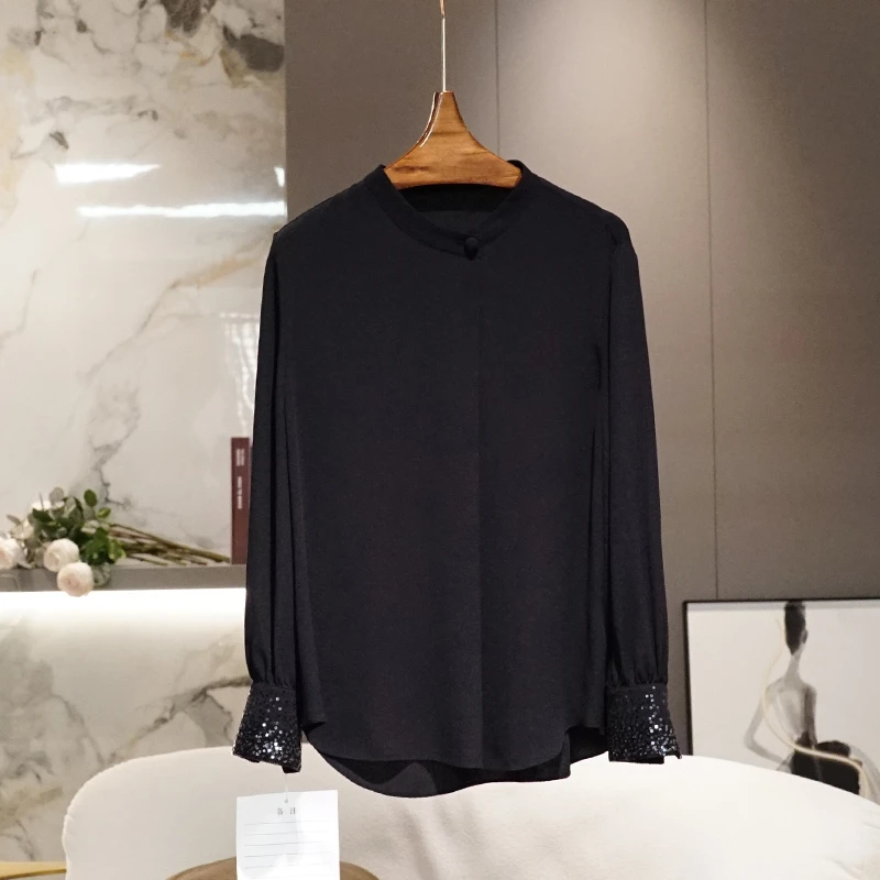 高端鬼绉黑色真丝衬衫女长袖2025春季新款气质百搭亮片桑蚕丝衬衣