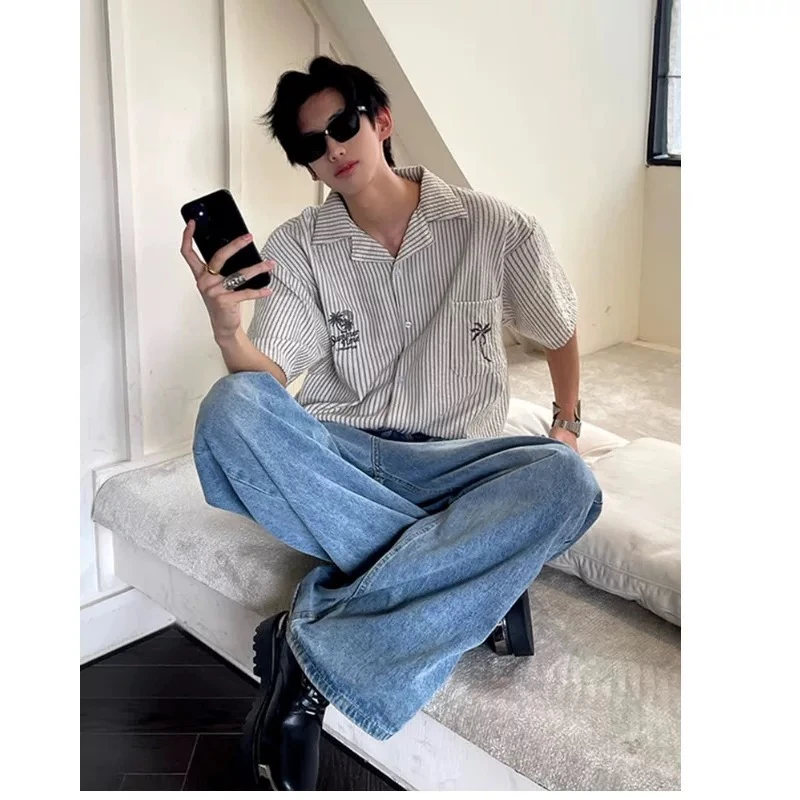 UM男女款古巴椰树刺绣条纹短袖衬衫夏季翻领休闲bf男友风情侣衬衣