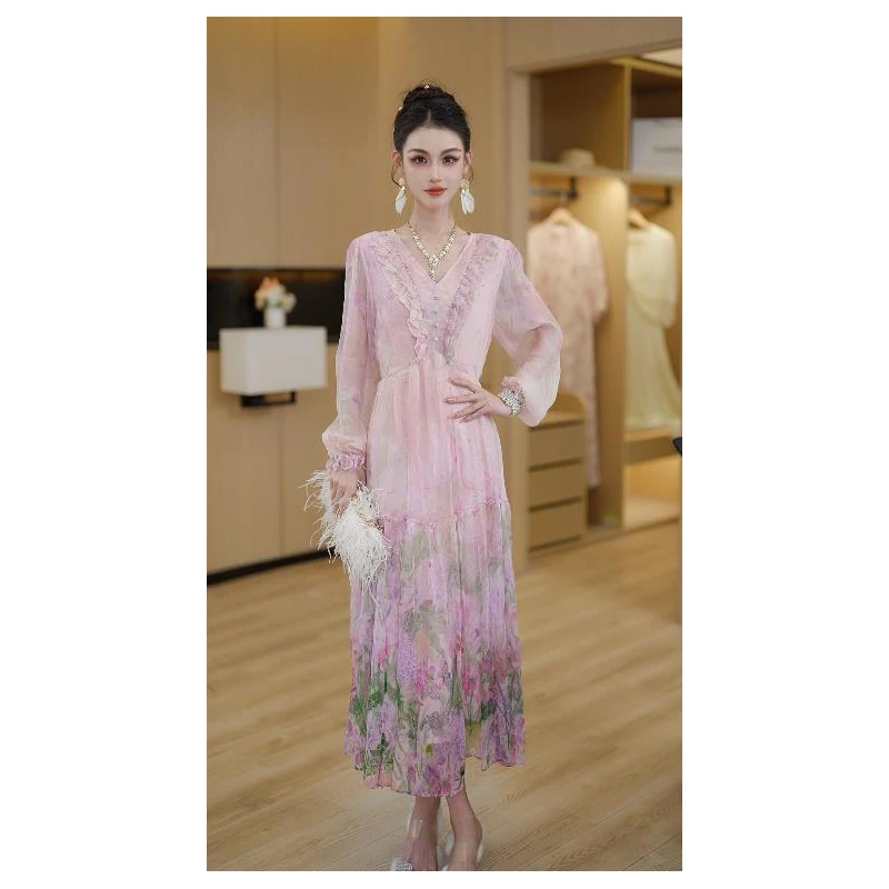 2025春季公主风法式优雅设计感收腰中长款连衣裙女