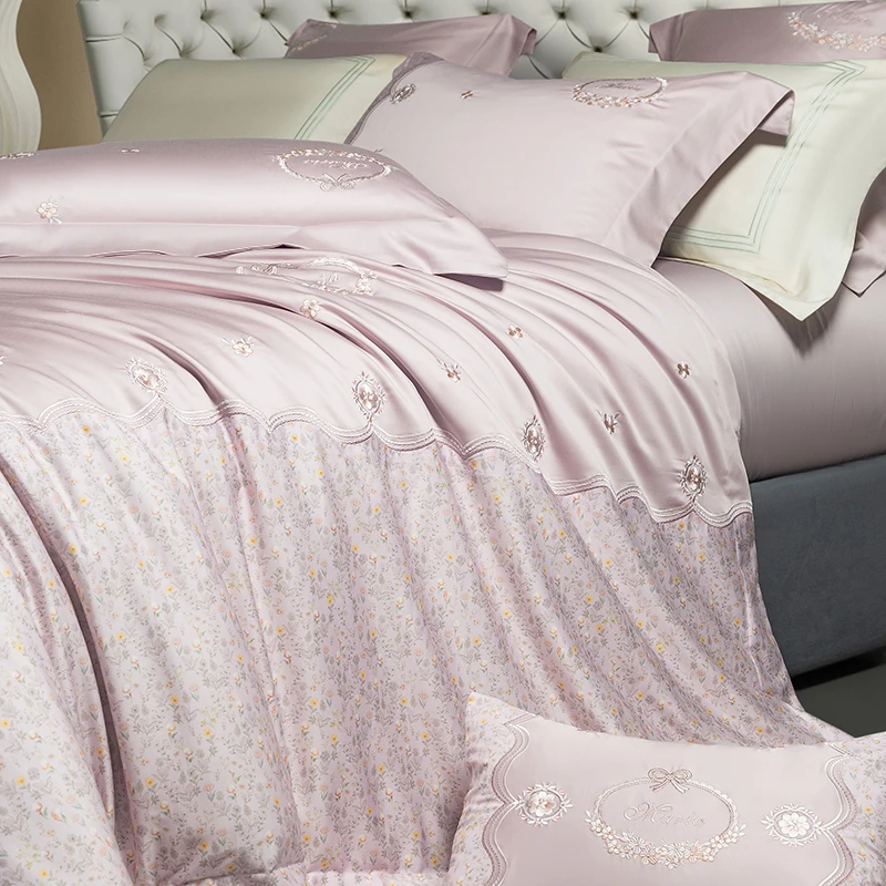 2025春夏轻奢刺绣纯棉四件套高级感全棉紫粉色小碎花被套欧式床品
