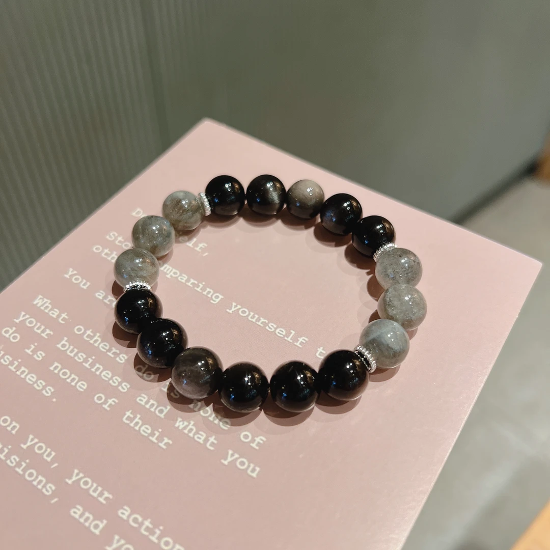 X243天然灰月光石银曜石男女款简单百搭黑曜手链手串 多样性发一