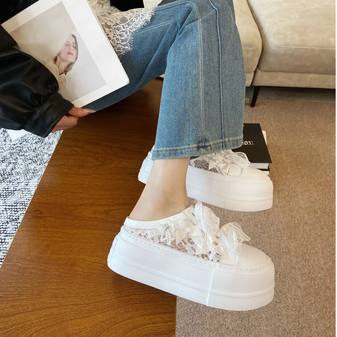 【蕾丝】欧货珍珠圆头系带厚底包头半拖鞋女时尚慵懒风休闲拖鞋