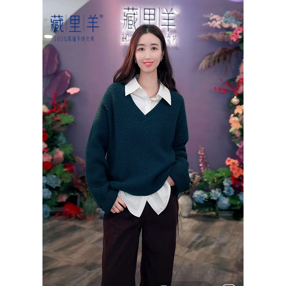 藏里羊V领羊绒衫女套头毛衣慵懒风宽松羊绒衫M0456