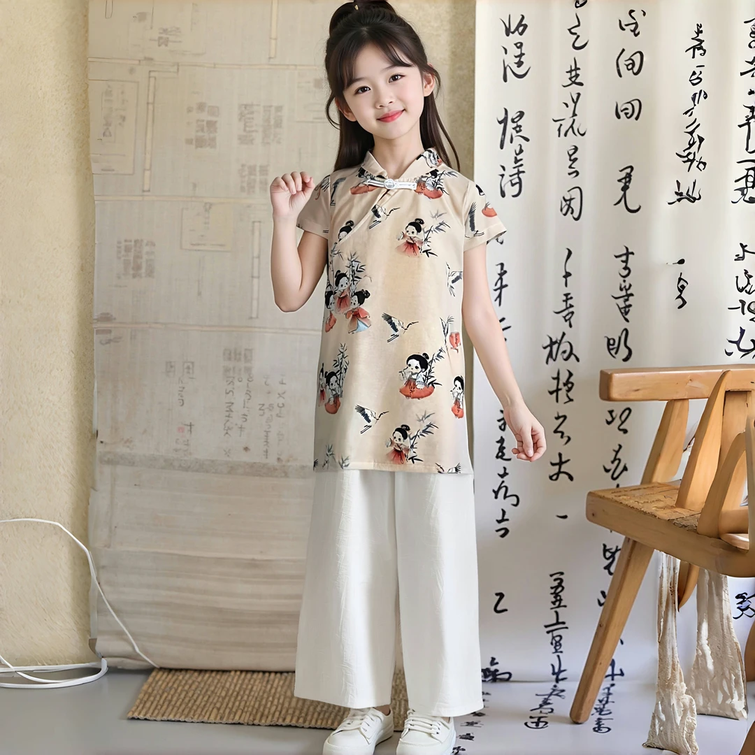 2025新款儿童国风中式套装女童汉服夏款女宝衣服旗袍阔腿裤两件套