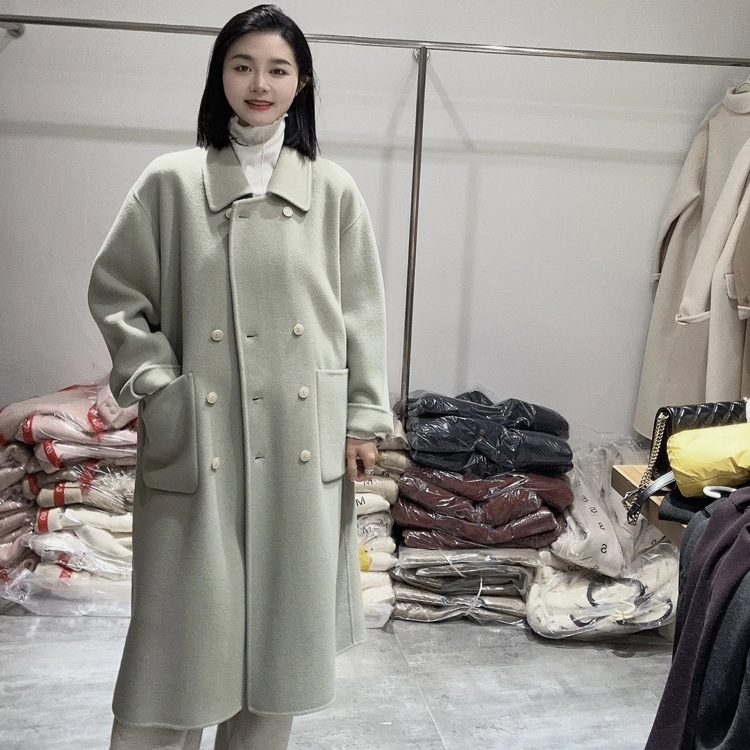 LMM 023 新品复古翻领双排扣长款羊毛外套气质网红时尚