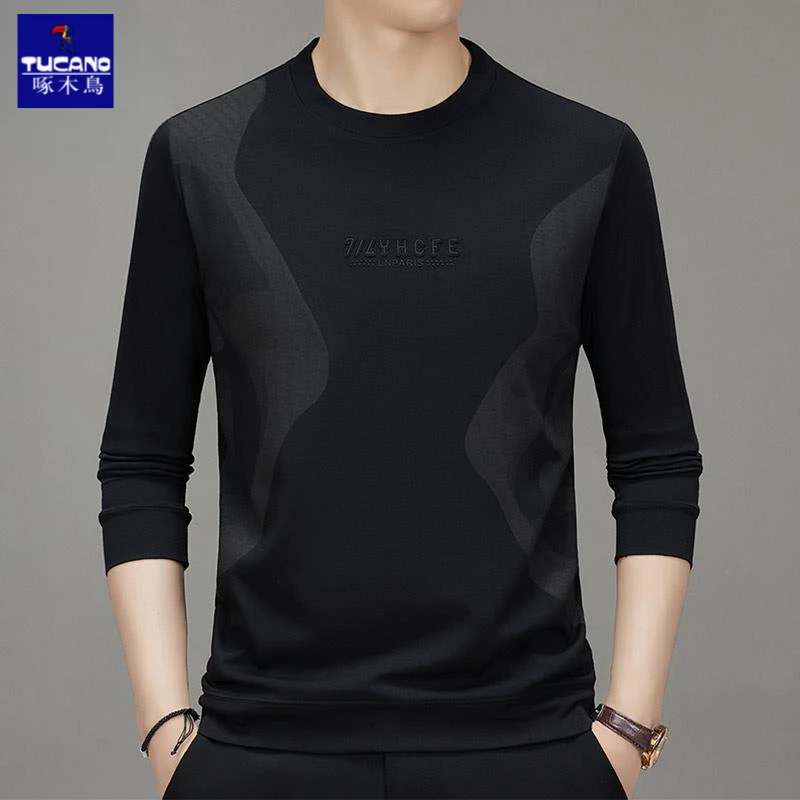 啄木鸟男装秋季款爆款2025新款宽松圆领长袖T恤卫衣男士休闲上衣