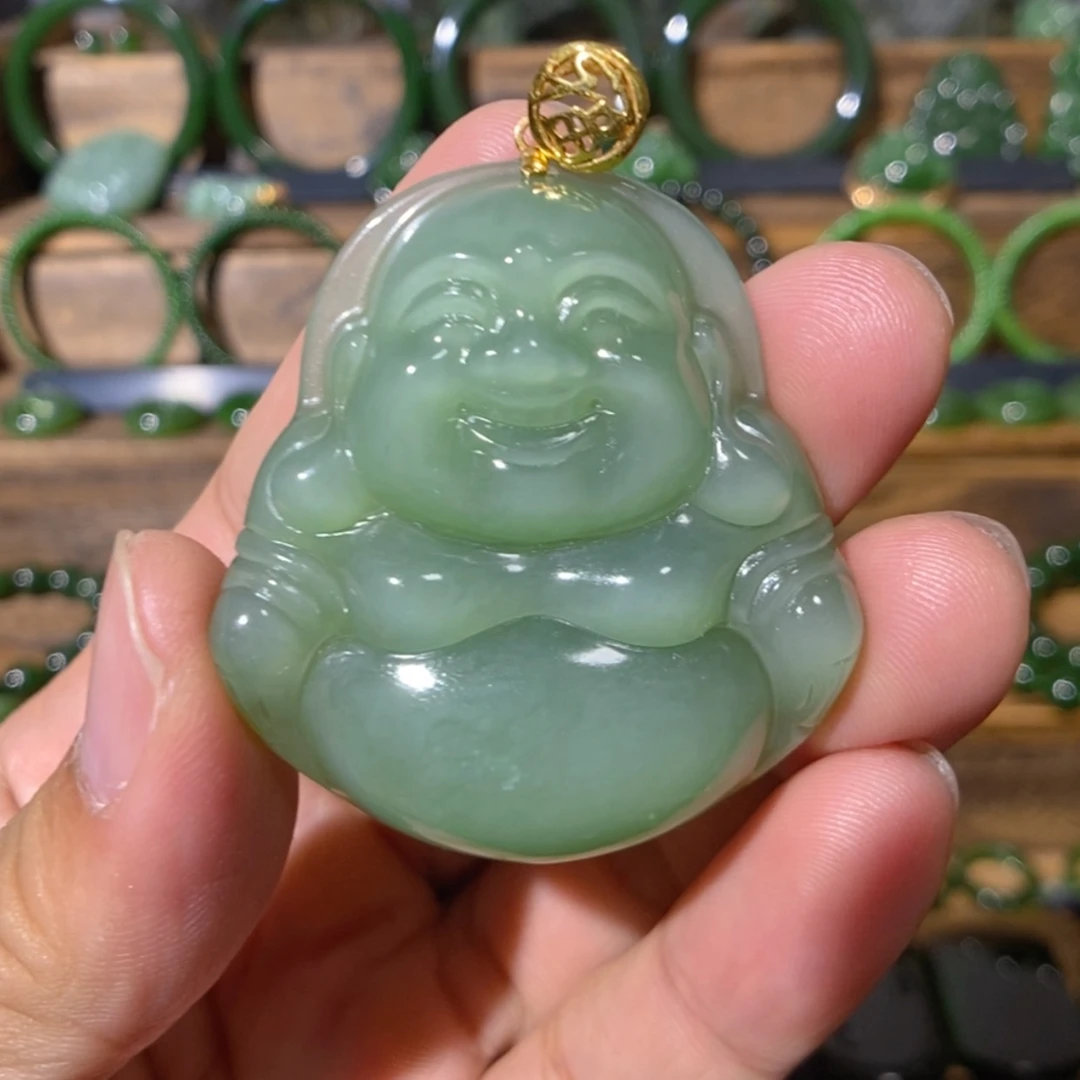 【闪购商品】吊坠(不含链)18K金镶嵌和田玉俄料粉青猫眼佛公42/45