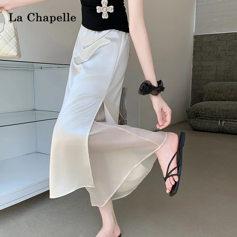 SM潮流醋酸缎面网纱拼接半身裙女秋小众时尚薄款高腰气质A字裙