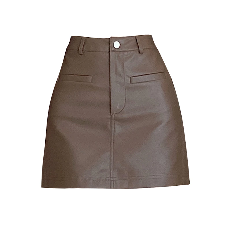 2025秋冬高腰哑光PU皮洗水皮咖色半身裙A字裙百搭包臀辣妹风短裙