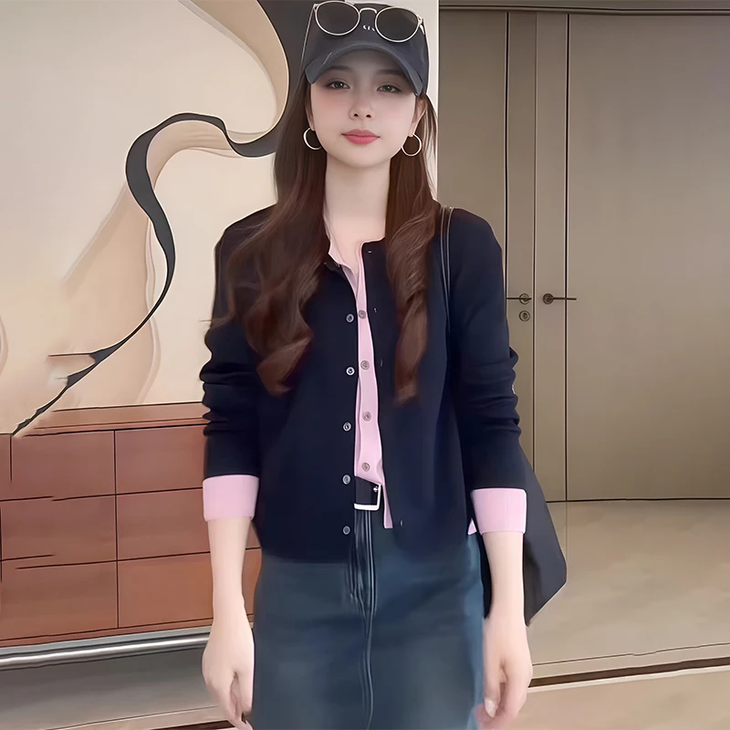 韩系学院风撞色假两件针织开衫女2025新款秋季小个子甜美减龄上衣