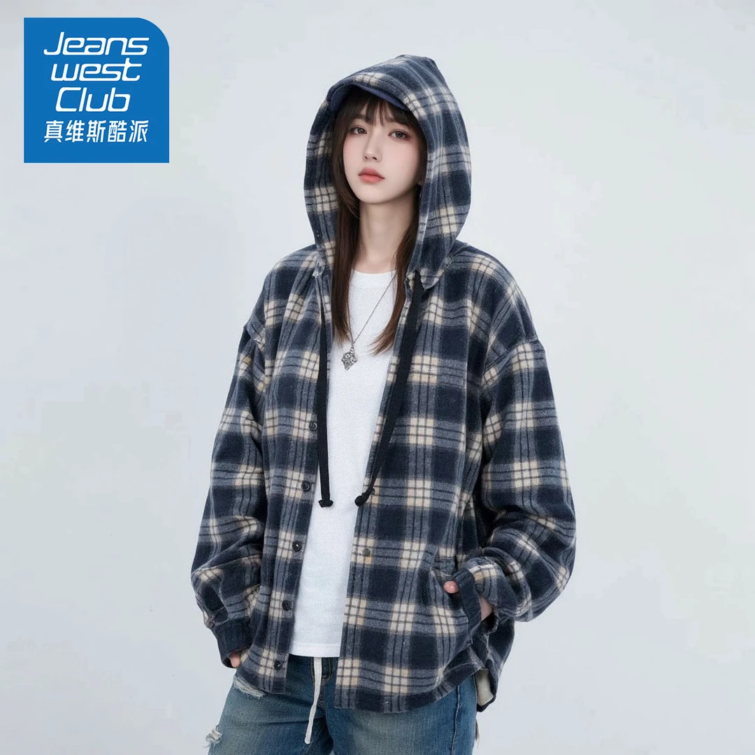 真维斯酷派港味连帽衬衫外套男女春秋2025年新款宽松慵懒风中长款