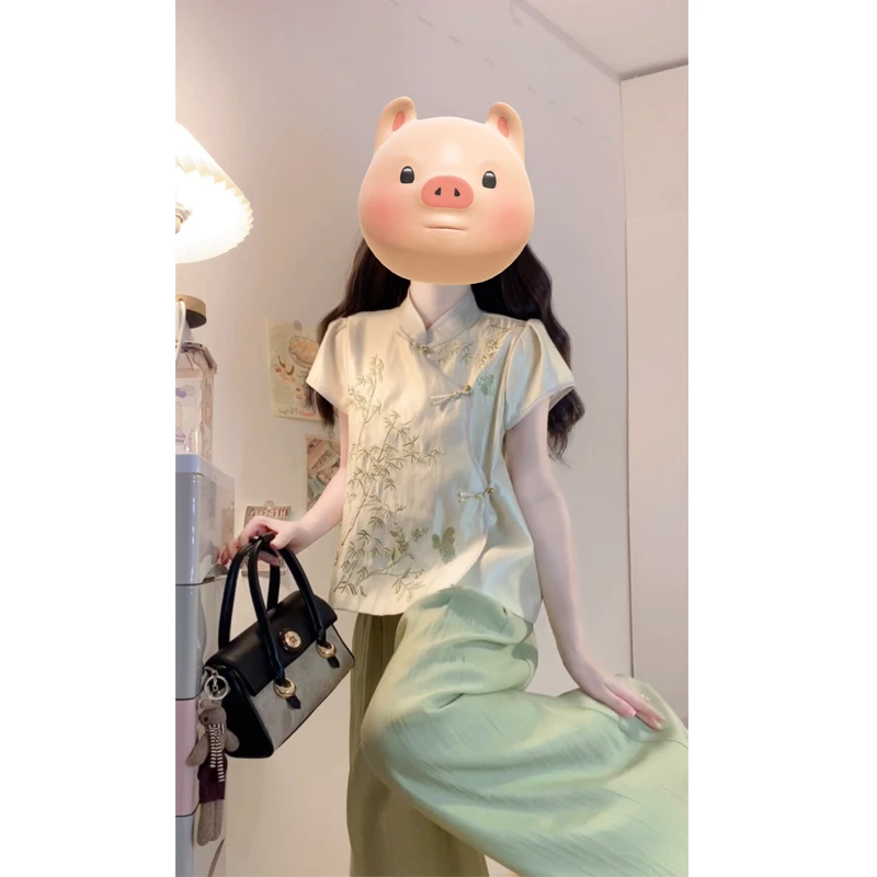 大码【茶香竹影】新中式改良国风立领盘扣上衣宽松阔腿裤高级感穿搭