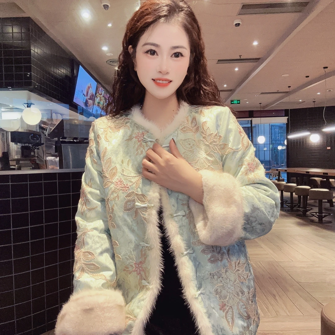 【青枝绿叶】新中式气质复古圆领双面穿织锦水貂毛皮草上衣KXJH