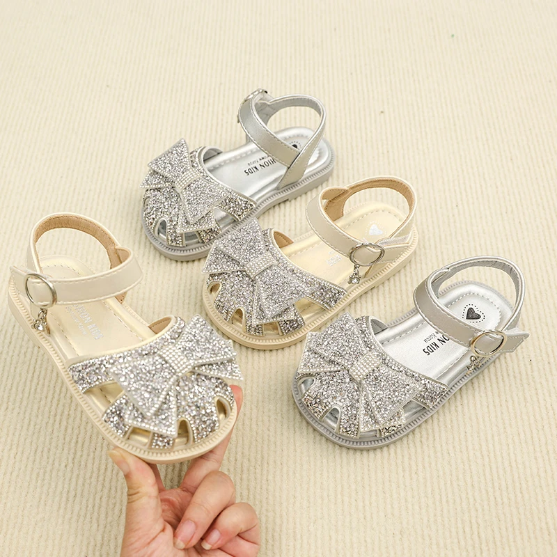 女童凉鞋夏季新款儿童水晶鞋蝴蝶结公主鞋软底演出鞋7275