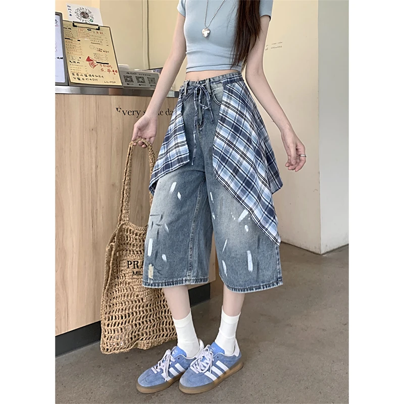 微胖mm高腰宽松小众牛仔裤女夏季美式格纹裙摆泼墨印染vibe阔腿裤