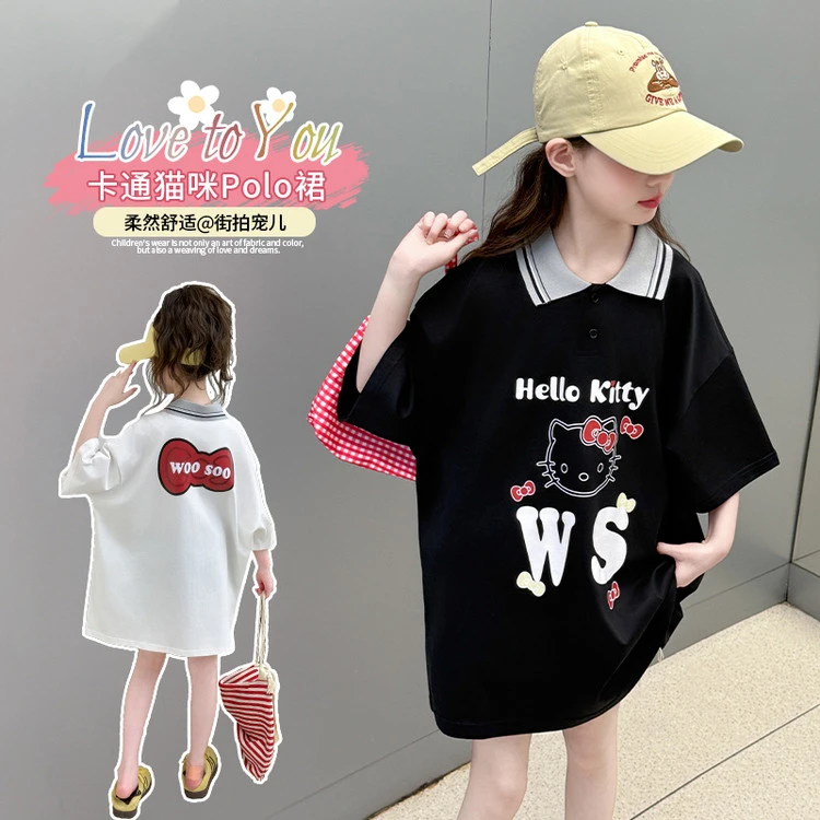 [炫童]韩国小众 25新款 凯蒂猫k图案撞色翻领宽松休闲polo短袖T恤