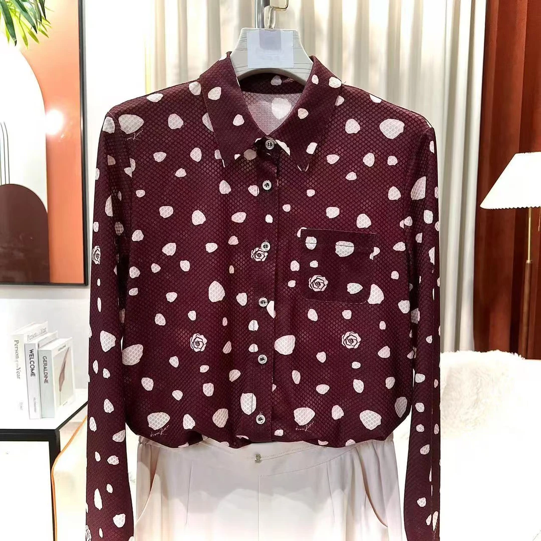 C6352碎花上衣长袖印花网纱弹力减龄打底翻领小衫女2025春百新款