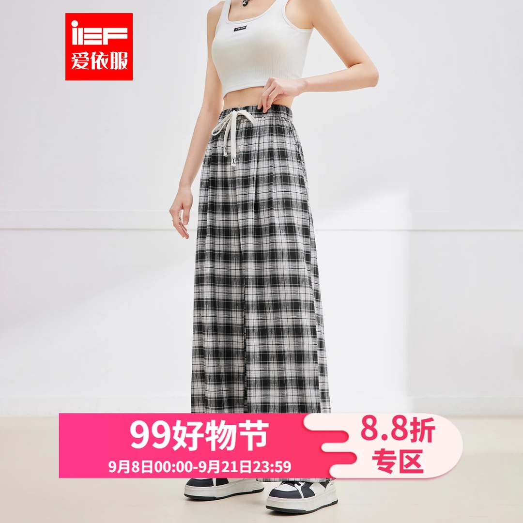 IEF/爱依服裤子2025夏季新款韩版时尚通勤休闲风格子显瘦阔腿裤