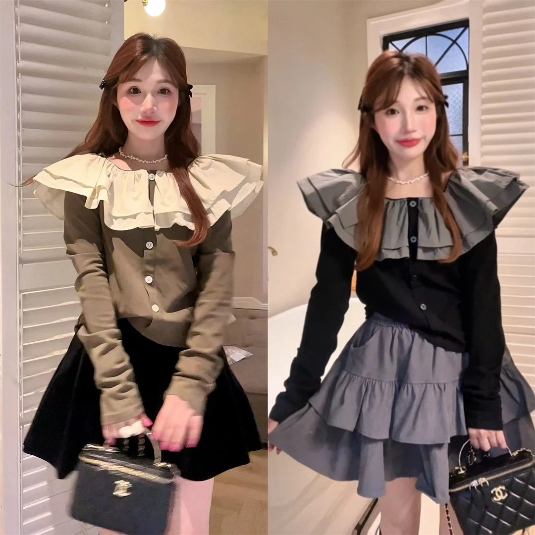 JENNIFER JXLIU韩版秋冬~大披肩领单排扣套头超大弹力显瘦T恤上衣