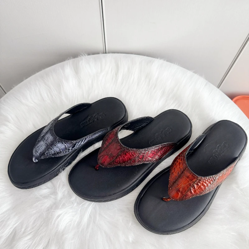 夏季休闲舒适防滑沙滩鳄鱼皮男士人字拖时尚厚底