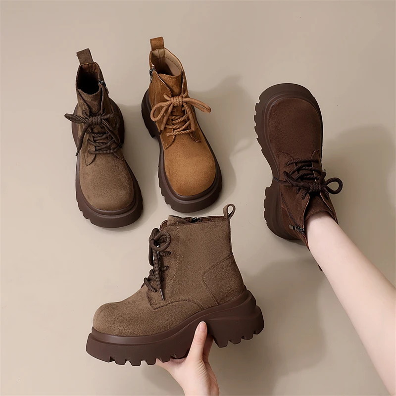 复古厚底马丁靴女秋冬新款加绒软底舒适洋气百搭小个子增高短靴女