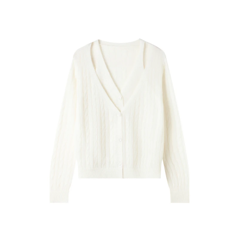 2025春款莱塞尔+羊驼毛+羊毛圆领长袖V领假两件尚针织毛衣