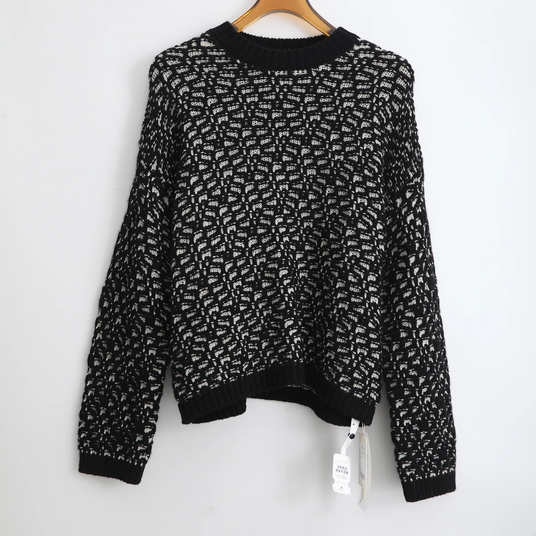 圆领常规款长袖针织装饰毛针织衫黑色黑白时尚短款92515