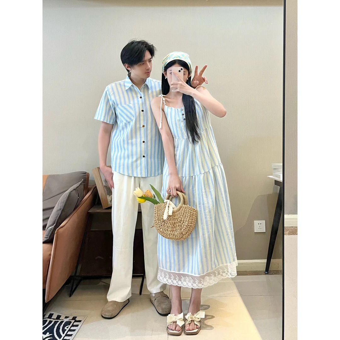 小众设计感情侣装夏季2025韩版短袖衬衫男女连衣裙法式一裙一衣潮