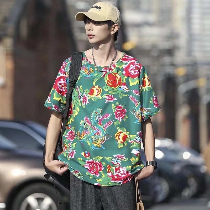 新款夏T恤薄款宽松东北大花布背心半袖体恤