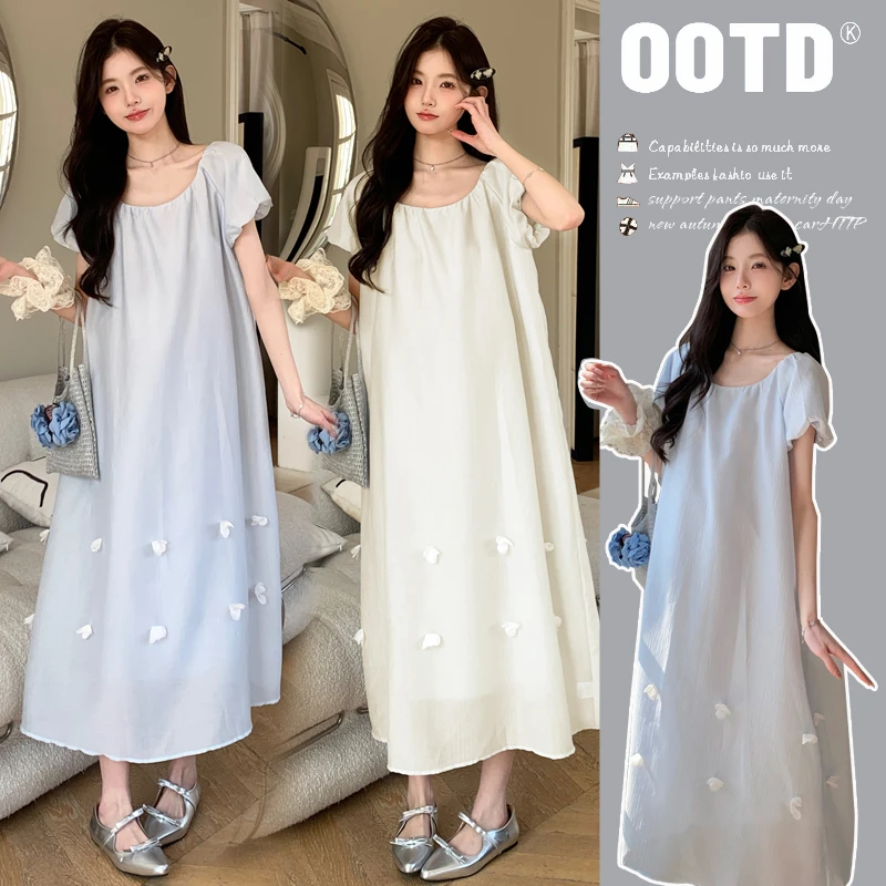 2025夏季上新孕妇装宽松连衣裙圆领时尚外穿甜美中长款裙