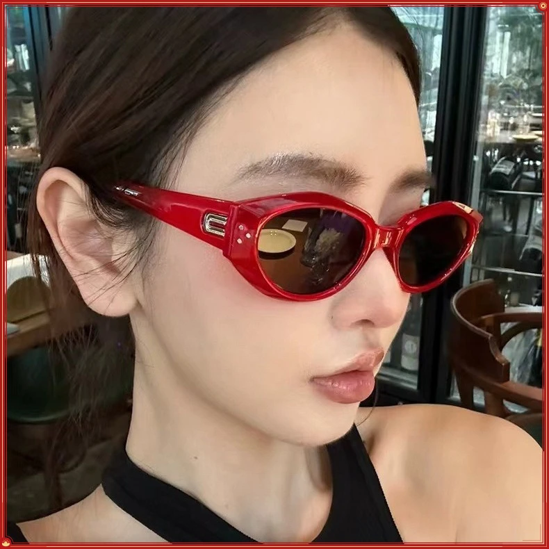 户外红色墨镜女高级感小框猫眼太阳镜男韩版高档街拍防紫外线夏季