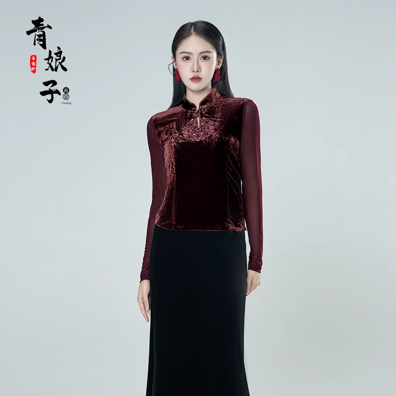 青娘子100真丝（壳元）丝绒拼接针织网纱气质修身时尚短款上衣61267