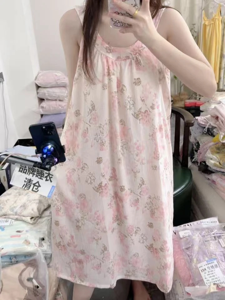 159-夏季女士粉花花背心带胸垫可家居可外出睡裙