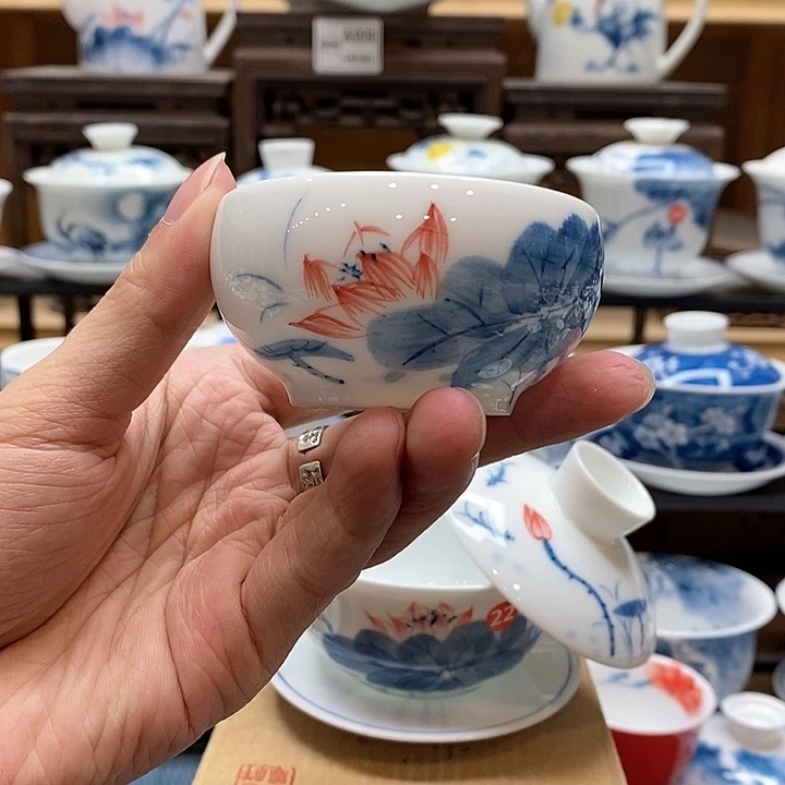 手绘荷花禅定杯65cc釉下彩微瑕福利款