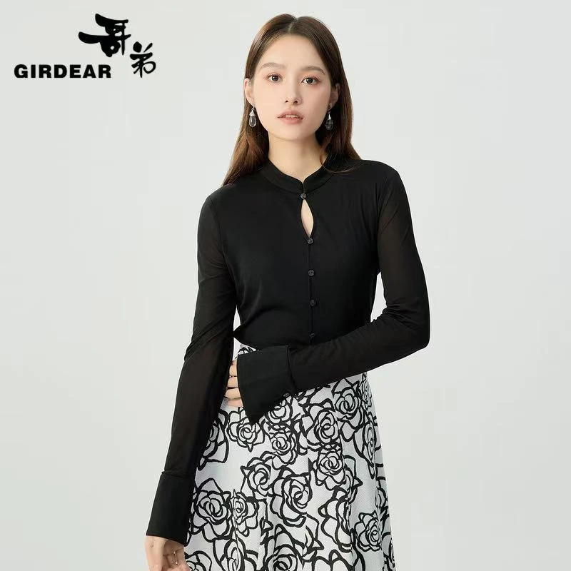 GIRDEAR/哥弟新款时尚复古百搭显瘦弹力纱网衬衫女1301057