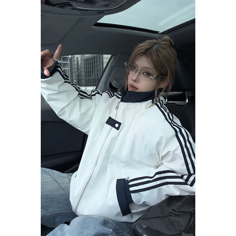 毛茸茸美式条纹棉服外套男女冬季休闲宽松情侣棉袄加厚保暖棉衣