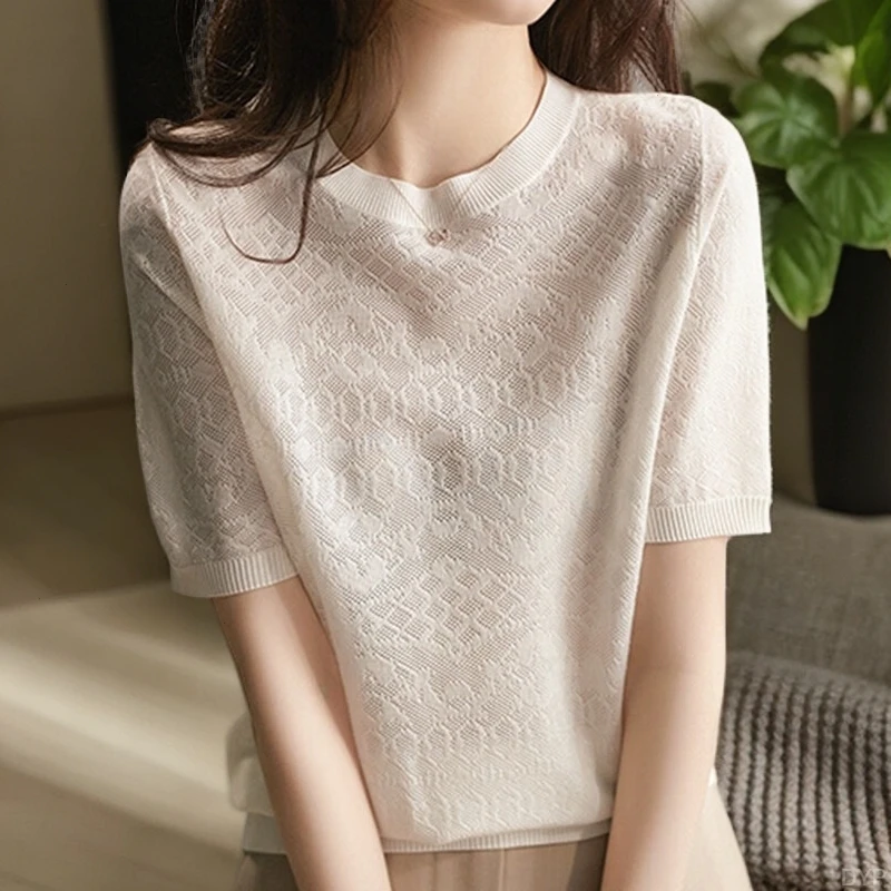 冰丝针织女薄款2025夏季新款韩系chic设计感蕾丝T恤宽松别致上衣