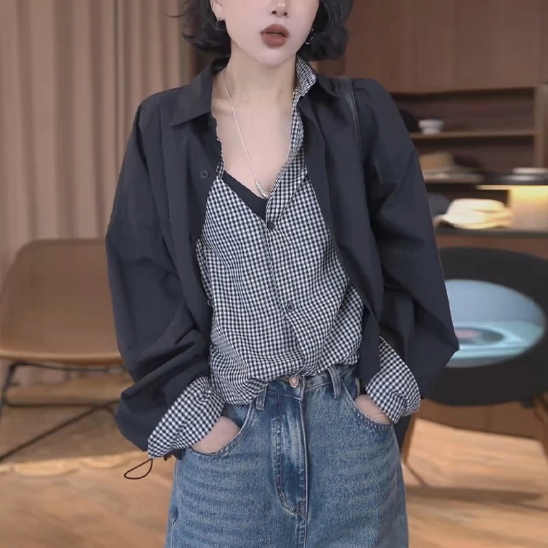 大码女装时尚通勤假两件衬衫春季新款Polo领拼接格纹百搭上衣