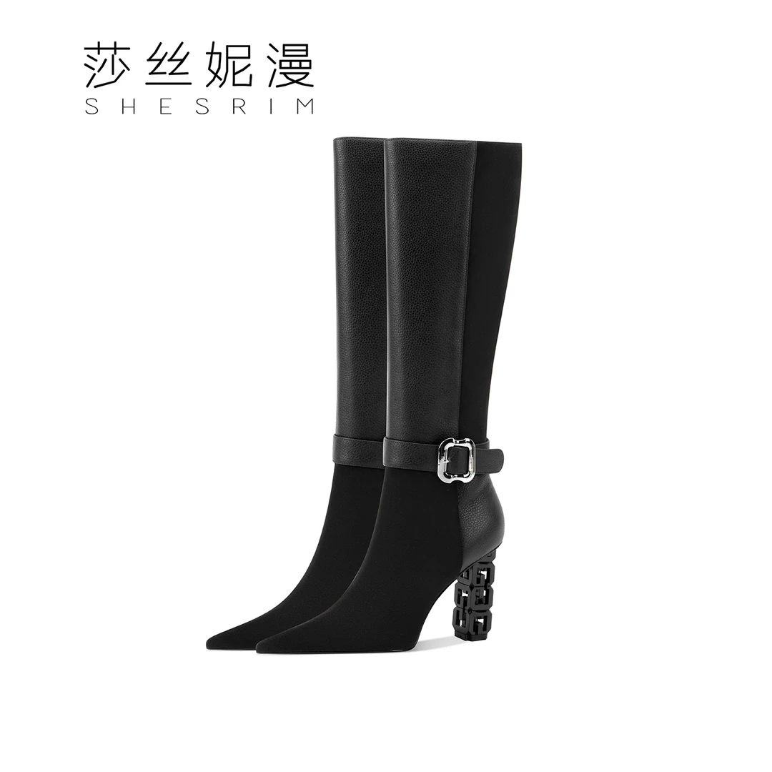 2025冬季新款时装靴黑色直筒靴女靴中筒筒靴高跟女鞋绒里过膝长靴