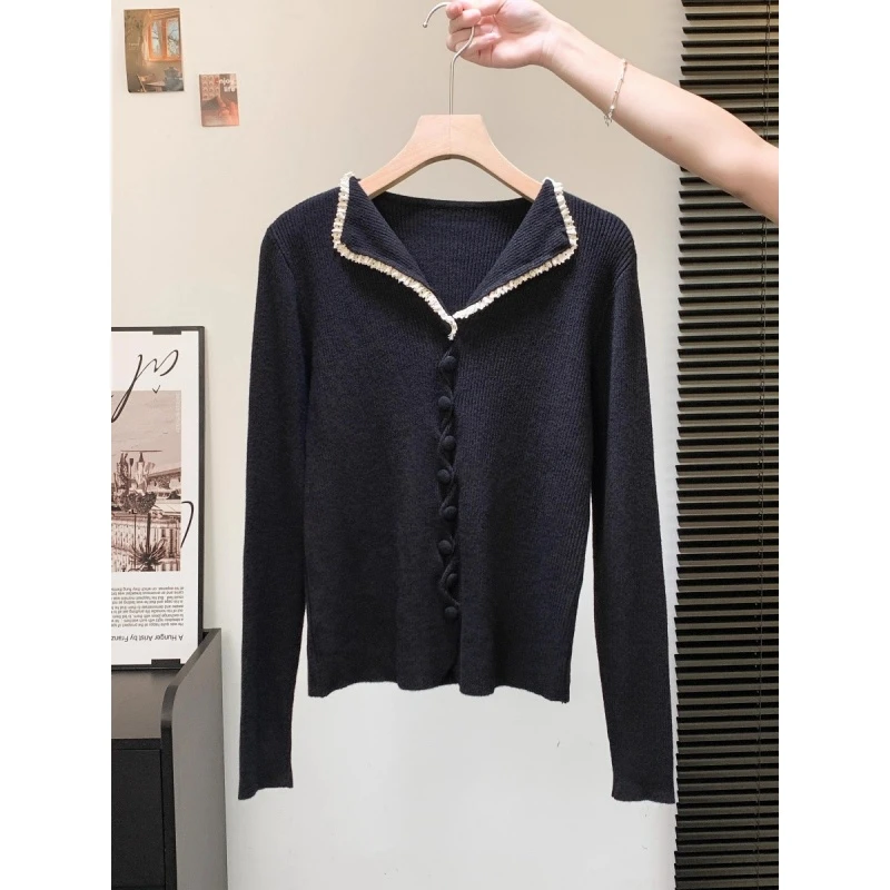固质秋冬韩版半开领蕾丝边纽扣2025年甜美安迪绒针织衫打底毛衣女