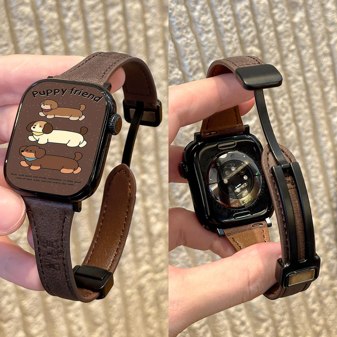 适用苹果手表applewatchS11运动S9皮质秋冬男s10S8磁吸磁吸感表带