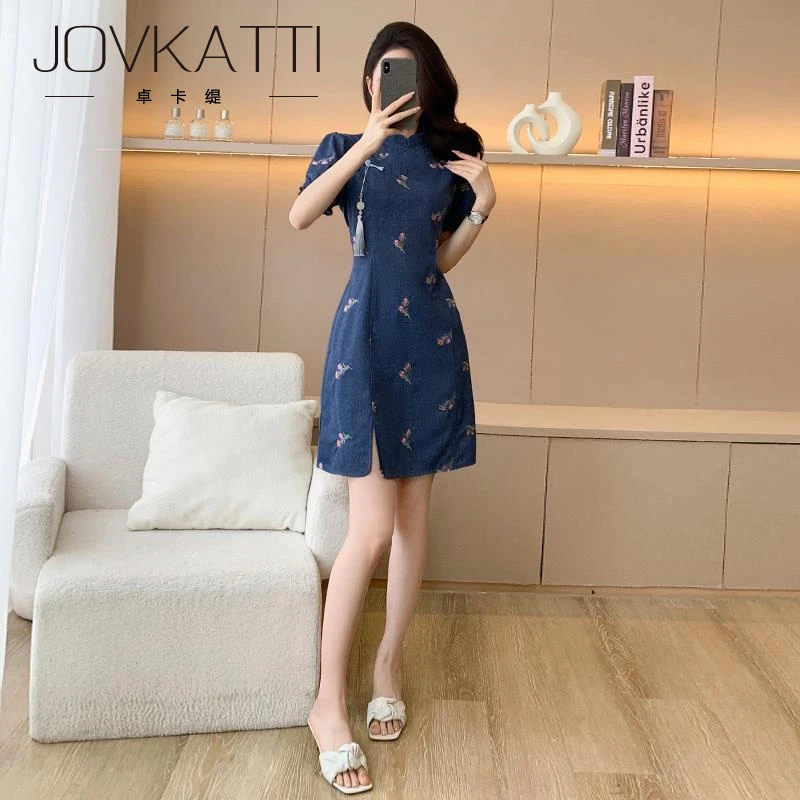 Jovkatti新中式国风立领盘扣改良旗袍连衣裙女夏季小个子收腰显瘦
